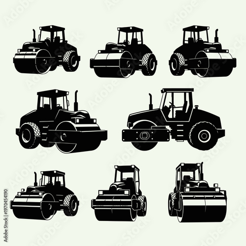 Set of Steamroller Silhouettes, Construction Vehicle Icons, Vector Graphics