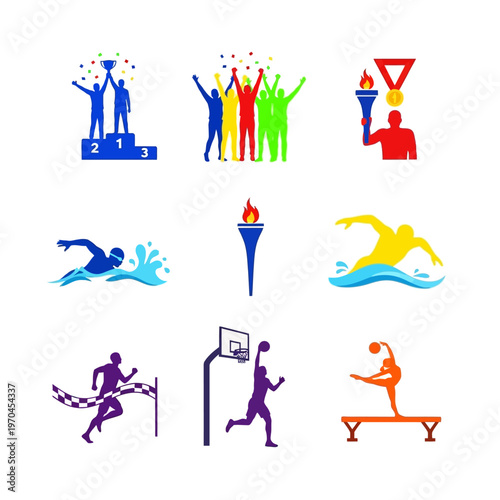 Sports Competition Icons: Victory, Athletes, Medals, and Games