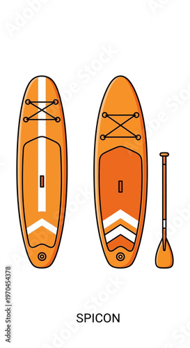 Stand Up Paddleboard and Paddle Icon Set - Orange SUP Board & Oar Vector