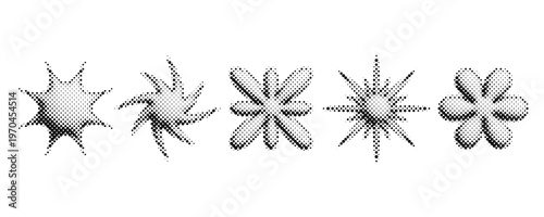 Halftone bitmap shapes set. Pixelated comic flowers and stars for collage, sticker, poster, banner, flyer. 3d dotted grainy object collection. Pixel grunge element bundle. Vector graphic design pack