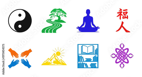 Symbol Collection: Yin Yang, Tree, Yoga, Kanji, Hands, Mountains, Books, Knot