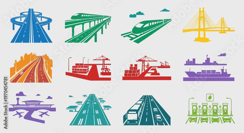 Transportation Icons: Roads, Trains, Bridges, Airports, Ships, and Charging Stations