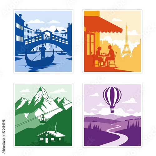Travel Destinations Collage: Venice, Paris, Alps, Provence - Flat Design