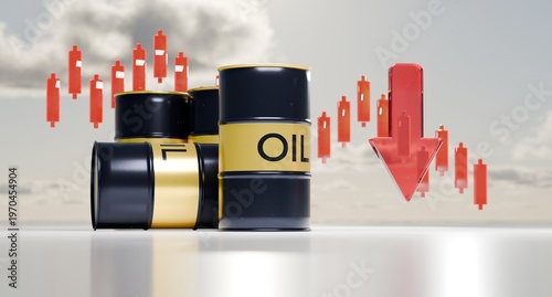 The drop in oil prices. Energy crisis and oil price fluctuations concept. 3D barrels with rising and falling trading graphs.