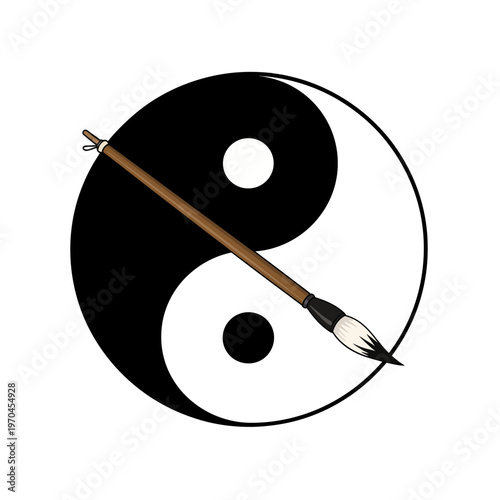 Yin Yang symbol with calligraphy brush, balance and harmony concept
