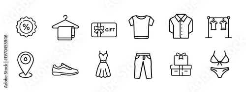 Shopping and clothing web line icons set featuring t-shirt fashion, dress style, gift voucher, discount badge, hanger apparel, sneakers, and more Vector Illustration with editable stroke..