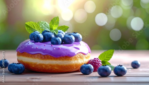A delicious donut with vibrant purple icing, fresh blueberries, and mint leaves, resting on a wooden surface with a blurred green background.