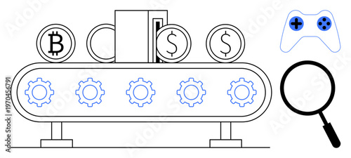 Cryptocurrency mining. ion of digital currency generation with conveyor belt, Bitcoin and dollar symbols. Cryptocurrency and gaming crossover visualization. For fintech, blockchain, gaming
