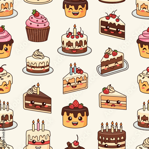 Cute Kawaii Cakes and Cupcakes Seamless Pattern.