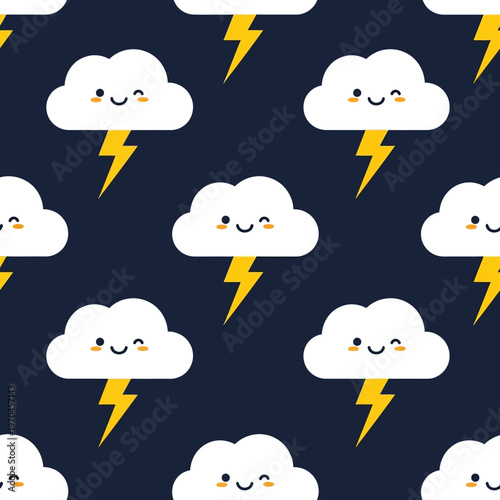 Cute Kawaii Clouds and Lightning Bolts Seamless Pattern.