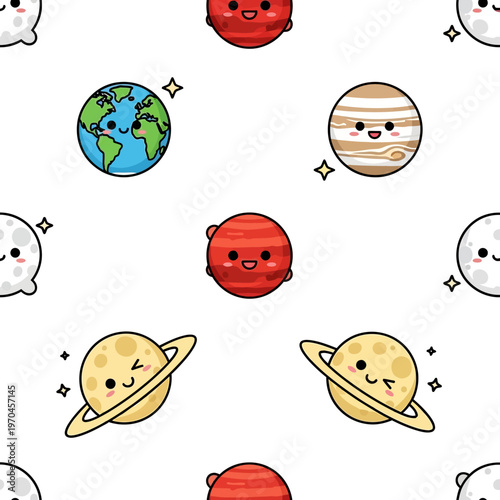Cute Kawaii Planets Seamless Pattern.