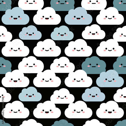 Cute Kawaii Clouds with Happy Faces Seamless Pattern.