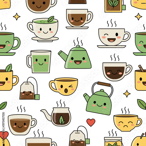 Cute Kawaii Tea Cups and Teapots Seamless Pattern.