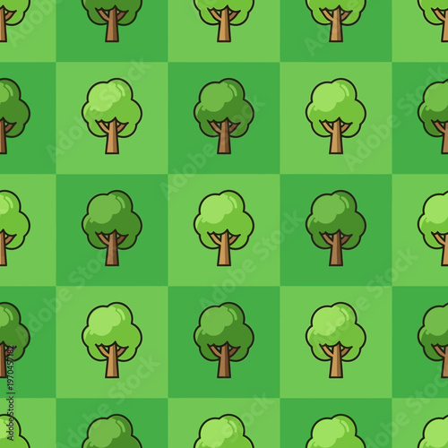 Seamless Pattern of Cartoon Trees on Green Checkered Background.