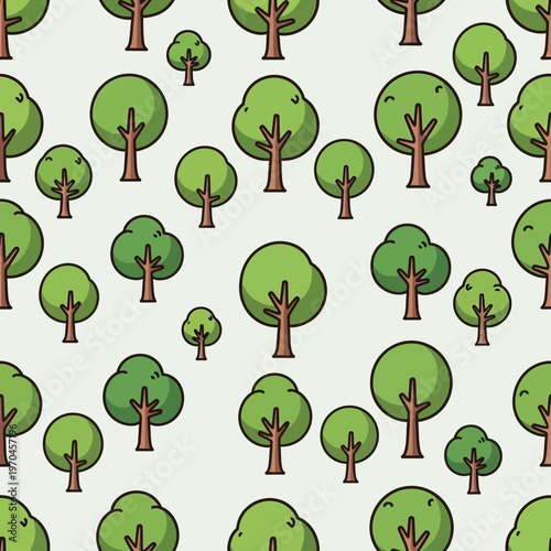 Seamless Pattern of Cartoon Trees in Various Sizes.