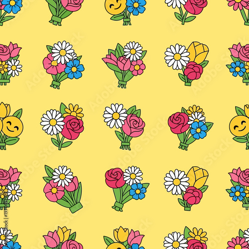 Seamless Pattern of Cheerful Flower Bouquets and Smiling Emoticons.