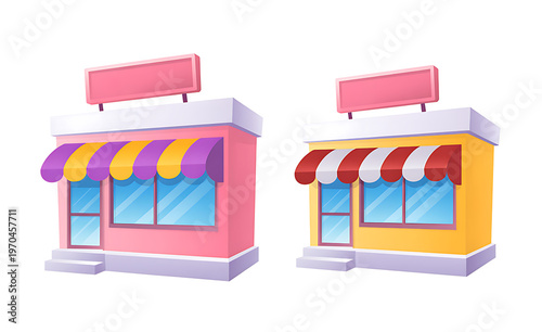 Two colorful small storefront buildings with striped awnings and blank signs for retail business