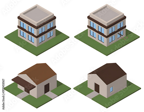 Four distinct pixel art style building structures displayed in an isometric perspective layout