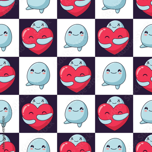 Cute cartoon characters hugging hearts seamless pattern.