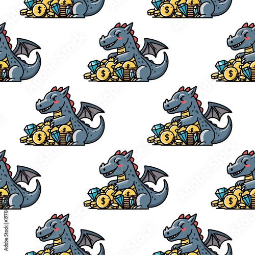 Cute Cartoon Dragon Guarding Pile of Gold Coins and Jewels.