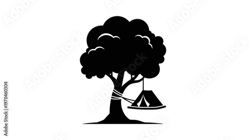 Graphic illustration of a tree with a tent suspended from its branches, symbolizing outdoor camping, adventure, and nature exploration