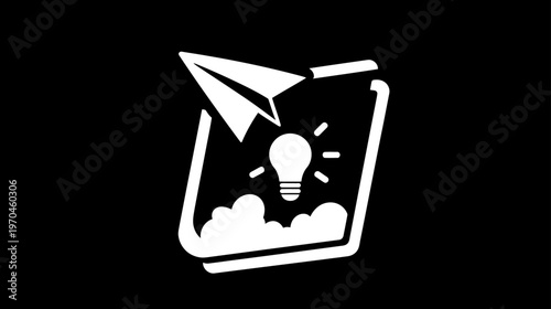 Creative Idea Launch Icon: Paper Airplane, Lightbulb, and Innovation Concept on Black Background