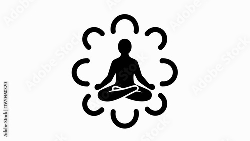 Black silhouette icon of a person meditating in lotus pose surrounded by abstract energy, representing peace, mindfulness, and wellness.