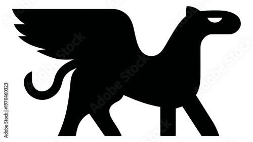 Mythical winged horse black silhouette isolated on white. Graphic representation of Pegasus, an ancient legendary creature.