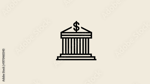 Bank Building with Dollar Sign Icon. Financial Institution Line Art Illustration for Banking, Economy, and Investment Concepts.