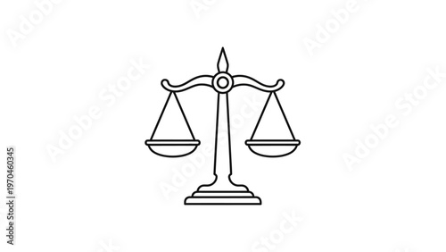 Justice Scales Line Art Vector Icon. Symbol of Law, Equity, Balance, Fairness, and Legal System. Black and White Outline Graphic.