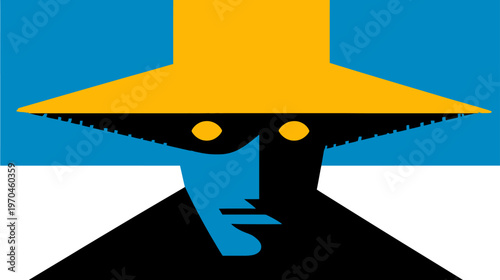 Mysterious person with glowing eyes in shadow wearing a wide-brimmed yellow hat, stylized vector illustration art.