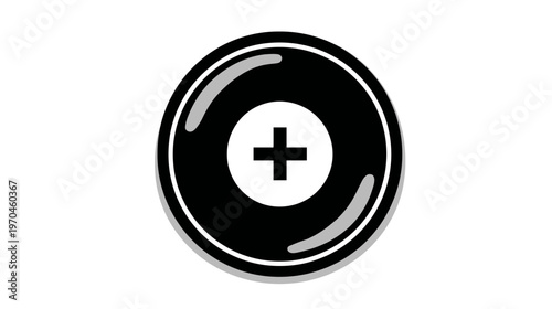 Glossy Black Plus Icon. Round UI UX button symbol for add, create, new, positive, enlarge, or increase function.