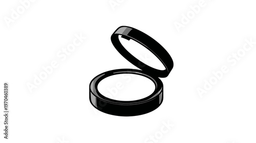 Open compact powder case. Black cosmetic makeup product illustration. Beauty, skincare, personal care graphic.
