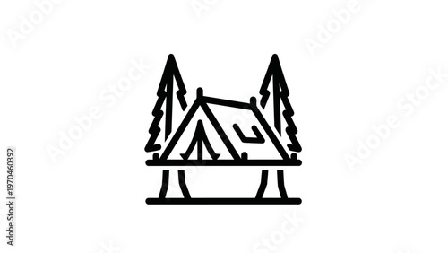 Simple line art camping icon with tent and pine trees. Outdoor adventure symbol for travel, nature, and leisure.