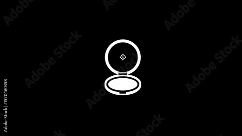 Minimalist white vector icon of open compact powder case with mirror on black background, essential beauty cosmetic product illustration.