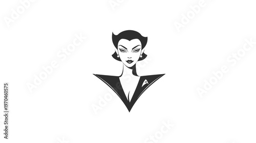 Elegant retro woman portrait in black and white illustration, featuring a sophisticated and iconic style with a powerful gaze.