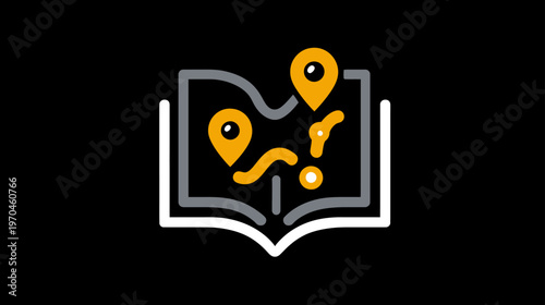 Modern flat vector icon: open book with map, route, and location pins. Perfect for travel, navigation, tourism, and journey planning.