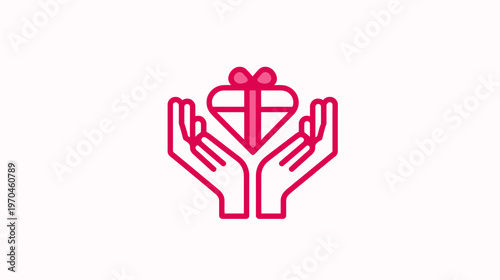 Hands holding a gift box, symbolizing giving, receiving, charity, and care. Minimalist line art illustration on white background.