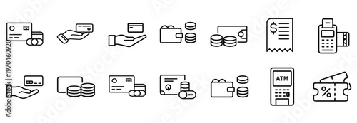 Banking and payment web line icons set featuring credit card, money wallet, cash receipt, ATM machine, payment terminal, coins, and more Vector Illustration with editable stroke