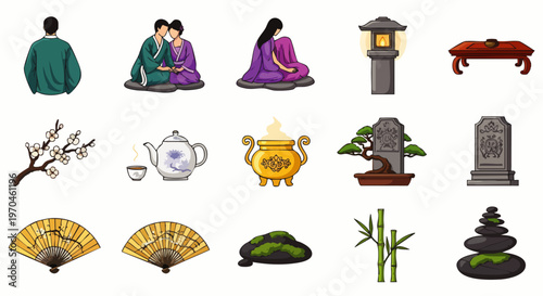 Traditional East Asian Culture Icons Vector Set. Featuring people, tea ceremony, fans, bonsai, lanterns, and nature elements. Perfect for cultural design.