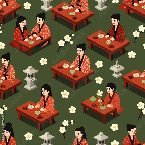 Seamless isometric pattern of Japanese women performing traditional tea ceremony with sakura flowers and stone lanterns on a green background, Asian culture illustration.