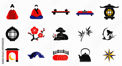 Flat vector icon set showcasing essential elements of Japanese culture and tradition, featuring dolls, lanterns, sakura, koi fish, and zen garden symbols.