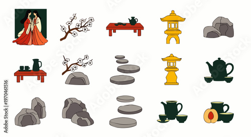 Vector collection of Japanese cultural and garden elements: traditional kimono, cherry blossoms, tea ceremony items, stone lanterns, and natural rocks for Asian themes.
