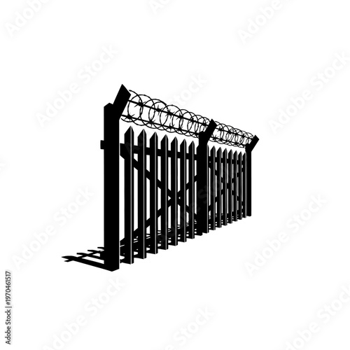 A stark silhouette of a formidable security fence topped with sharp barbed wire, illustrating concepts of restriction, boundary, and protection against unauthorized access