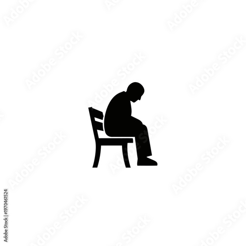 Vector silhouette icon of a person sitting alone with head bowed, conveying feelings of sadness, depression, loneliness, exhaustion, and emotional distress