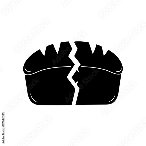 Minimalist black silhouette icon depicting a loaf of bread broken into two pieces, symbolizing concepts of scarcity, hunger, food crisis, or division, isolated on white