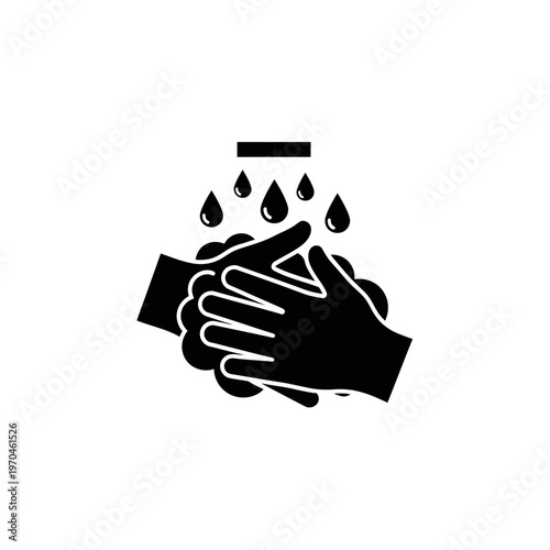 Icon representing hygienic hand washing with water drops falling on clean hands, symbolizing cleanliness and health
