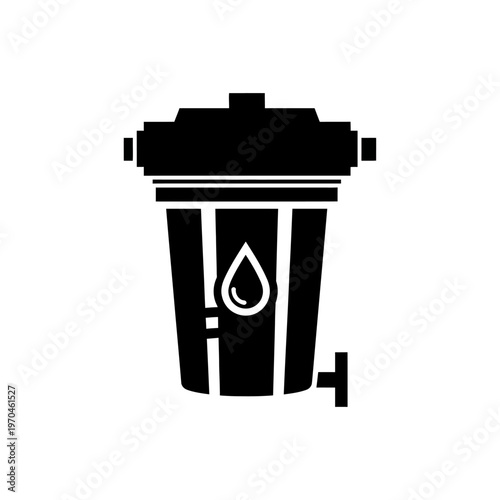 Stylized icon of a water filtration unit with a prominent water drop, signifying clean, purified water and healthy living solutions