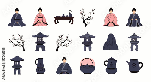 Set of traditional Japanese cultural elements including Hina dolls, stone lanterns, cherry blossoms, and tea ceremony items. Vector illustration.