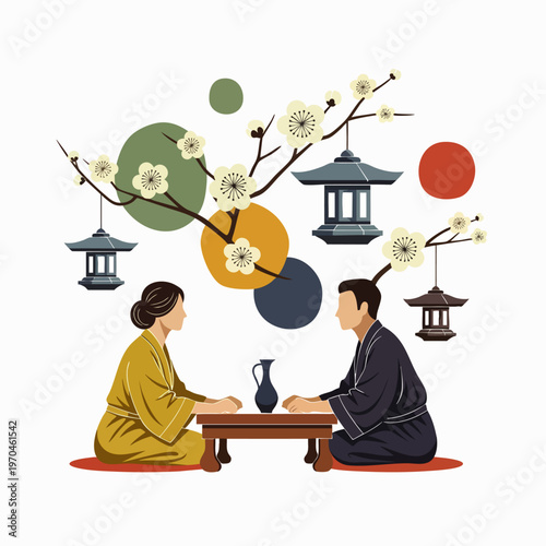 Traditional Japanese tea ceremony with a couple in kimonos under cherry blossoms and lanterns, celebrating cultural heritage and tranquility.